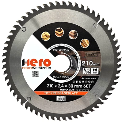 HERO PROFIWERKZEUG Kreissägeblatt 210 x 30/20 mm 60Z Profi HM Sägeblatt TCT Sägeblätter Holz HERO