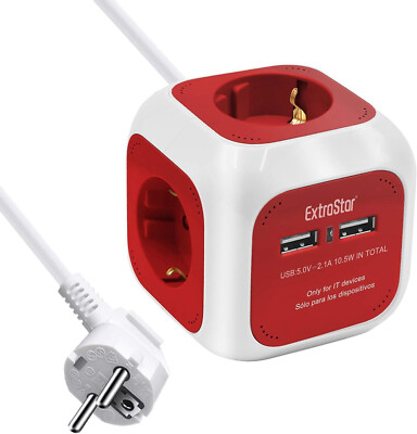 [Extrastar] 4-Fach Steckdosenwürfel mit 1.5M Kabel | 5V/2.1A | Rot