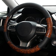 Car Steering Wheel Cover Wood Grain Black Leather Breathable Anti-slip 15'' 38cm