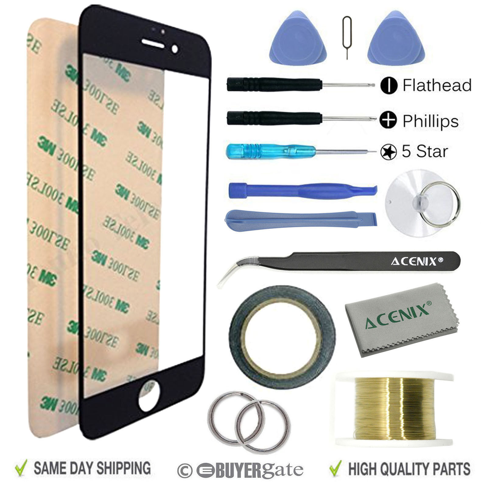 ACENIX® iPhone 8 Black Outer Front Glass Screen Lens Replacement Repair Kit Tool
