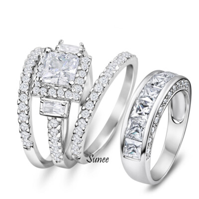 His Hers Simulated Halo Princess Cut 925 Wedding Rings Engagement Rings Women