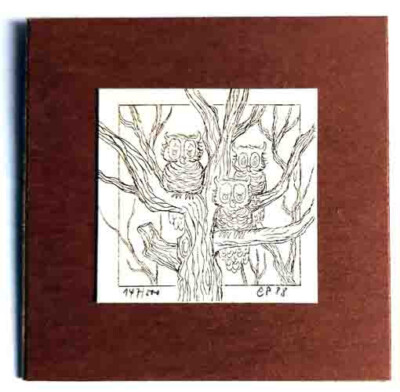 Owl Owl Family in Tree Print Limited Signed Glass 8 x 8 cm EP 1988