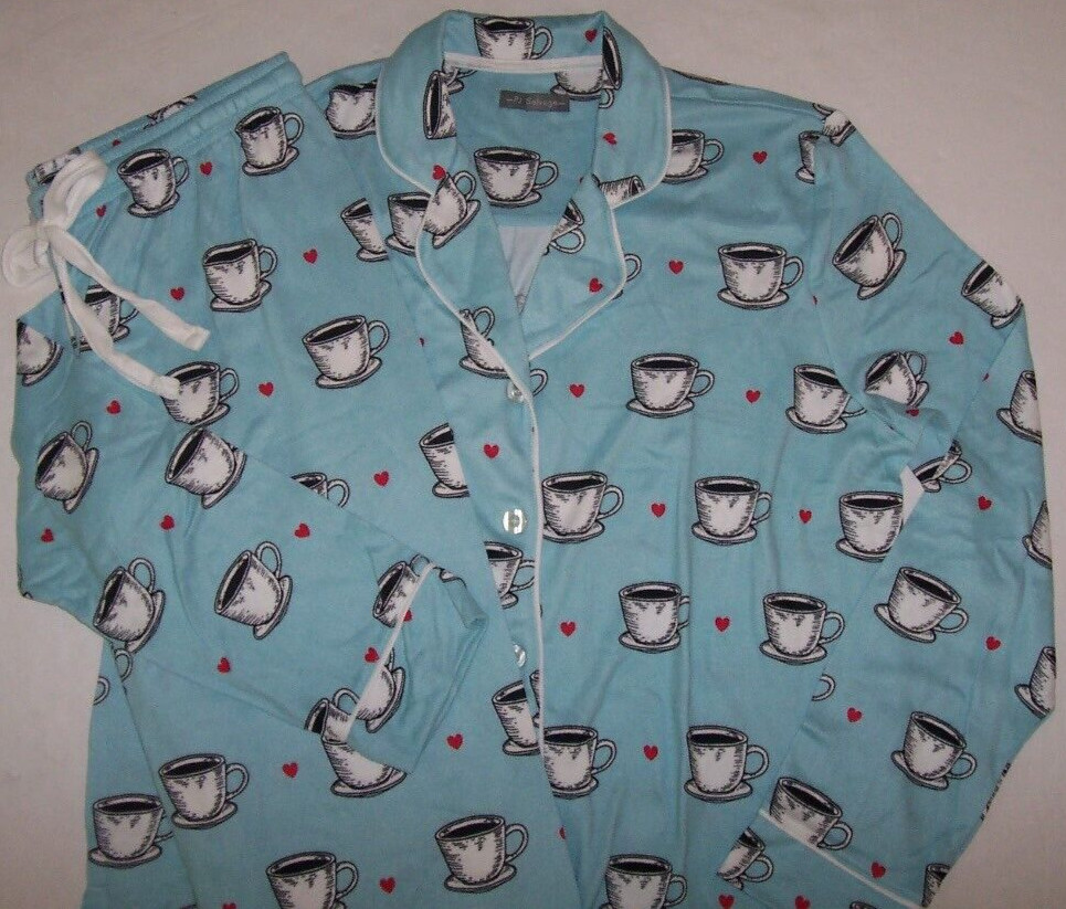 NWT PJ Salvage Ice Blue COFFEE/TEA LOVERS Peachy Knit Pajama Set XL RED HEARTS