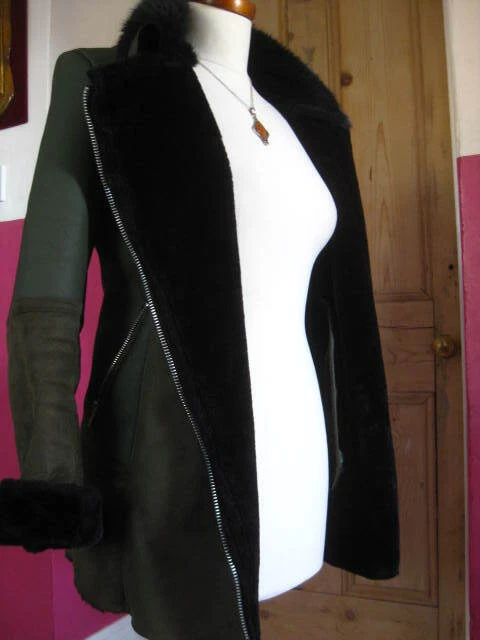 M&S FAUX SHEEPSKIN JACKET women SUEDE 14 fur collar COLLECTION green AVIATOR - Image 3 of 4