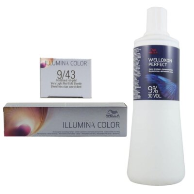 Wella Illumina 60 ml 9/43 lichtblond rot gold & 1000 ml 9 % Entwickler Set