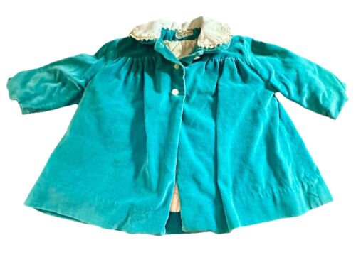 Vtg Baby Toddler 50/60s Turquoise Velvet Coat and Matching Bonnet Daisy of Calif - Picture 2 of 13