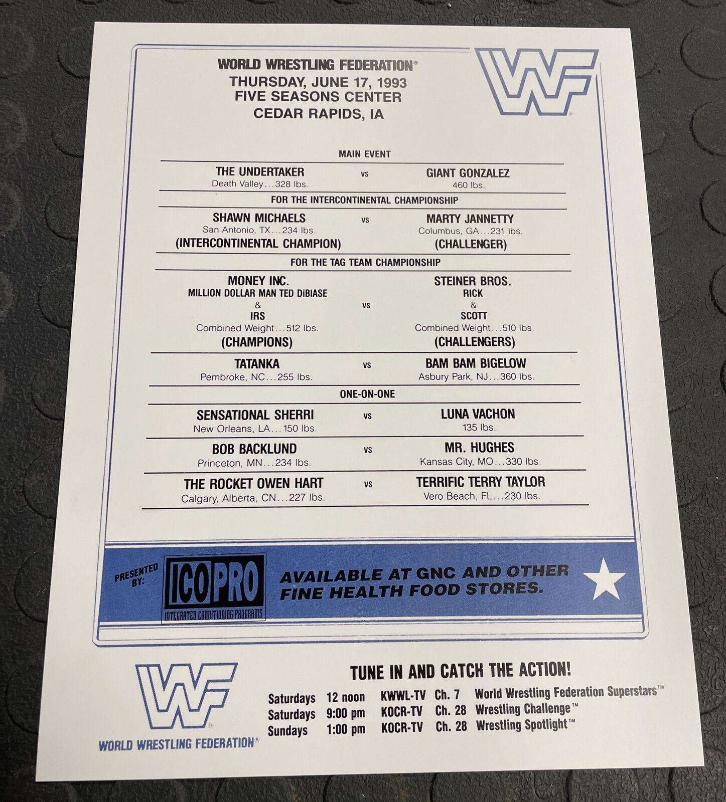 WWF Lineup Sheet Orlando 1/10/93 1993 Program Magazine 209 Shawn