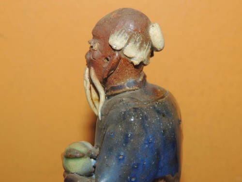 Chinese Mud Man Men 4.25" Blue & Brown fruit Mudman Antique staff flambe drip - Picture 9 of 12