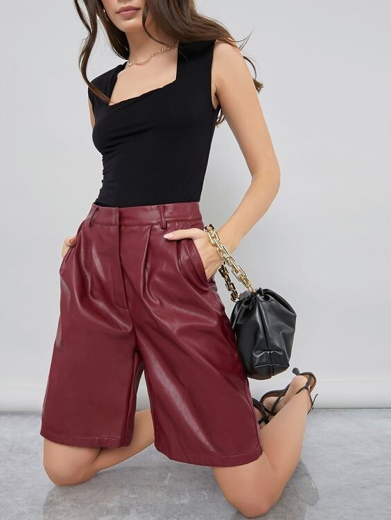 Women Burgundy Genuine Lambskin Leather Bermuda Shorts for Trendy, Modern