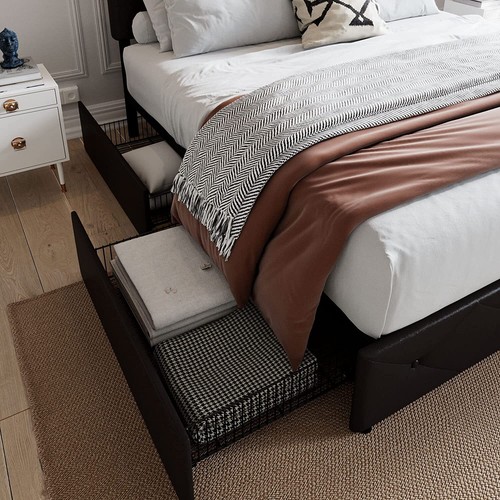 Queen Size Storage Bed Frame with 4 Drawers, Adjustable Headboard, Black Brown - Picture 6 of 10