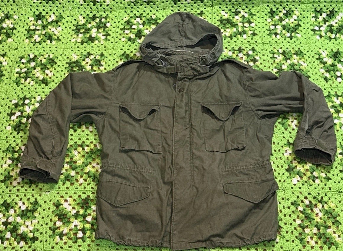Vintage M65 Green Field Jacket Cold Weather Coat Hooded US Army Military As Is