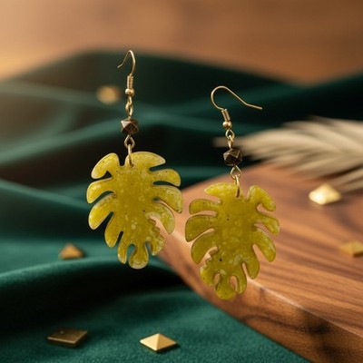 Handmade Green Monstera Leaf Resin Earrings Tropical Botanical Statemen jewelry