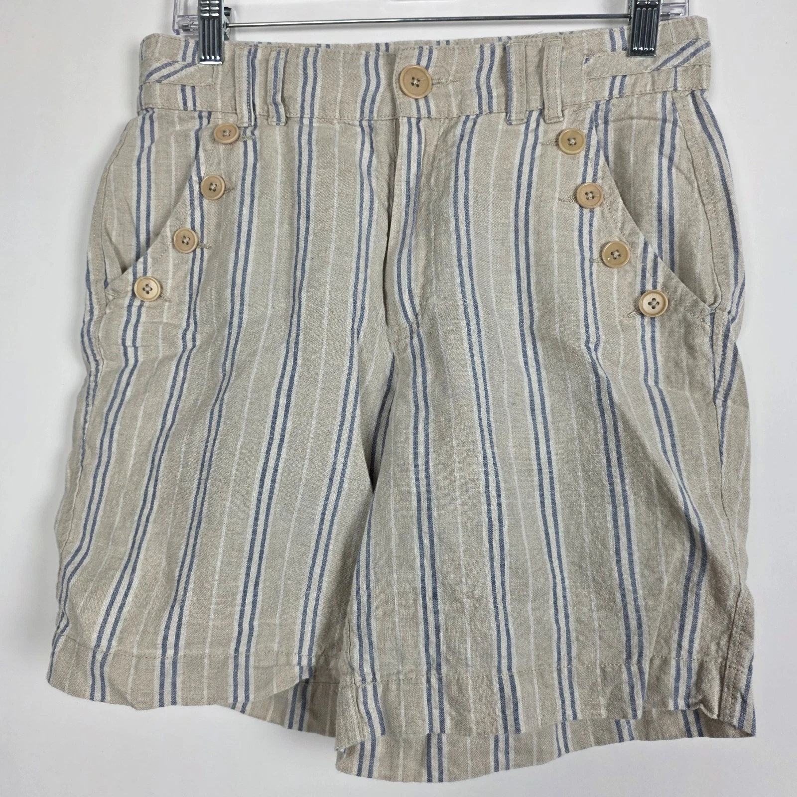 Sundance Boho Striped Buttons 100% Linen Womens Size 6 Casual Shorts
