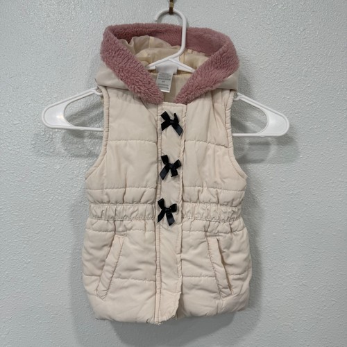 Nicole Miller Girls Cream Puffer Vest Pink Sherpa Hood Black Bows 4T Outerwear