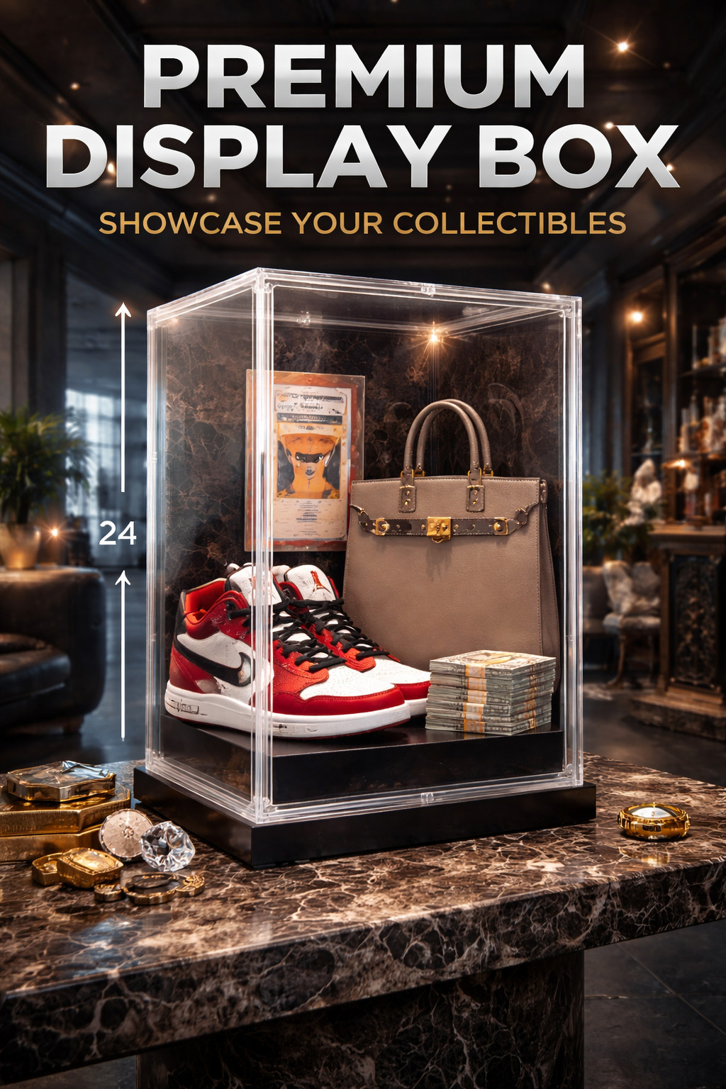 Extra Tall Acrylic Display Case 24&rdquo; High (12x14x24in) Clear Collectible Showcase