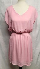 Buttons Pink Chiffon Blouson V-Neck Cap Sleeve A-Line Mini Dress Womens S *READ*