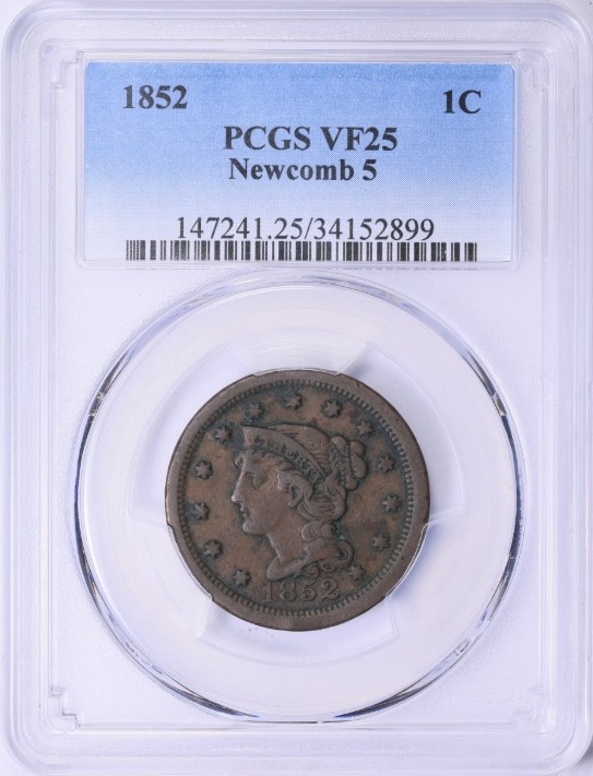 RARE!!!   Only PCGS Graded VF 25 Newcomb 5, 1852 Braided Hair Large Cent
