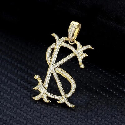 2 Ct Lab Created Diamond Customizable Letter KS Pendant 14K Yellow Gold Plated