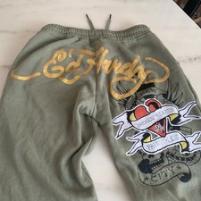 ED HARDY Broken Hearts Wide Leg Flared Leg Sweat Pants Green Size S Womens