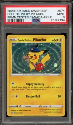 Pokemon Special Delivery Pikachu P.M. Center Canada Holo Promo SWSH074 PSA 9