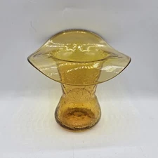 Jack-n-the-Pulpit Hand Blown Yellow Crackle Art Glass Rim Vase 6” MCM Vintage