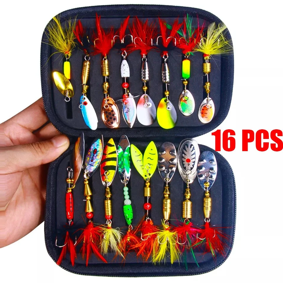 16PCS Lot Fishing Lures Bait Metal Crankbait Blade Spinner Bait Spoon Bag Kit US - Image 2 of 4