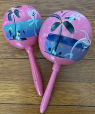 Vintage Pink Hand Painted Mexican Maracas Gourd Shaker Music Mexico Cozumel