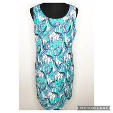 Talbots blue green white giraffe print sleeveless sheath dress 10 Petite 10P