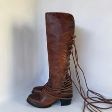 Freebird by Steven COAL Womens Sz US 8 Knee-High Cognac Handcraft Leather DEFECT