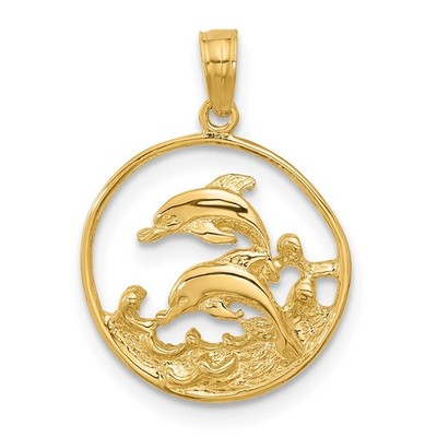 14k Gelbgold Doppel Delphin Kreis Anhänger L-0,87 Zoll, B-0,6 Zoll