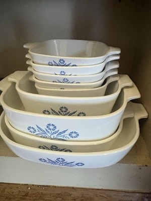 Vintage CorningWare Glass White/Blue Floral Square Casserole Dishes w/ Handles