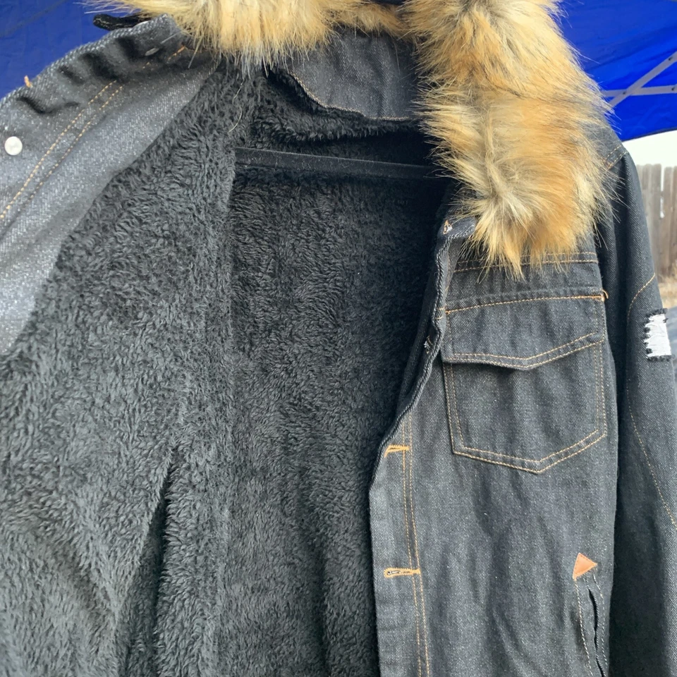 Dark Grey/Blue Jean Pilot Jacket Lined Faux Fur Collar Destressed Casual (M) - Image 2 of 4