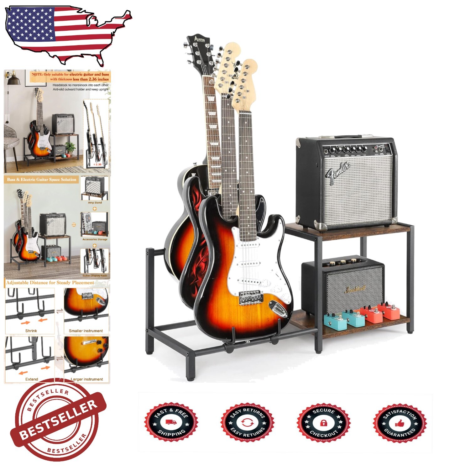 Sturdy Wood Guitar Stand with Amp Support for Musicians and Collectors