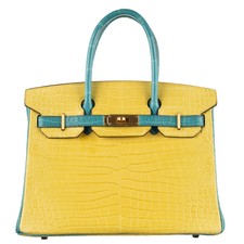 Hermès 30cm Birkin Hss Mimosa/bleu Paon Porosus Crocodile Brushed Gold Hardware