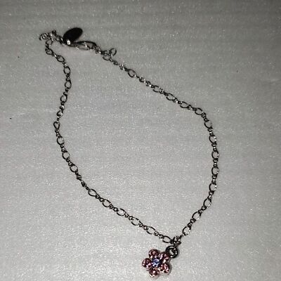 A Cookie Lee Ankle Bracelet Pink Rhinestone Flower Charm Silver Tone Chain