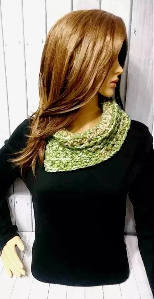 Handmade Crochet Bandana Cowl Scarf in Brown & Forest Green by USA Artisan  