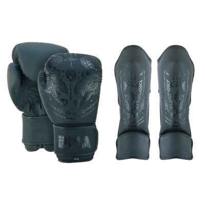 PMA Twin Tigers Muay Thai Boxing Gloves Shin Pads Set Black