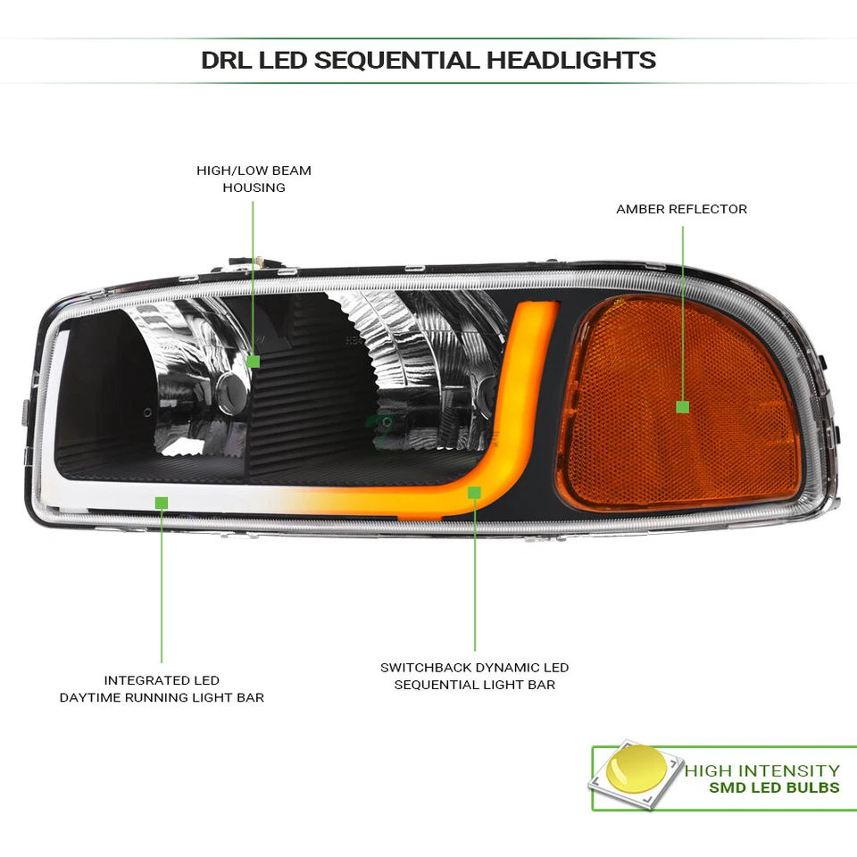 Topline For 1999-2006 Sierra Switchback Sequential LED Strip Bar Headlights Blk - Image 3 of 4