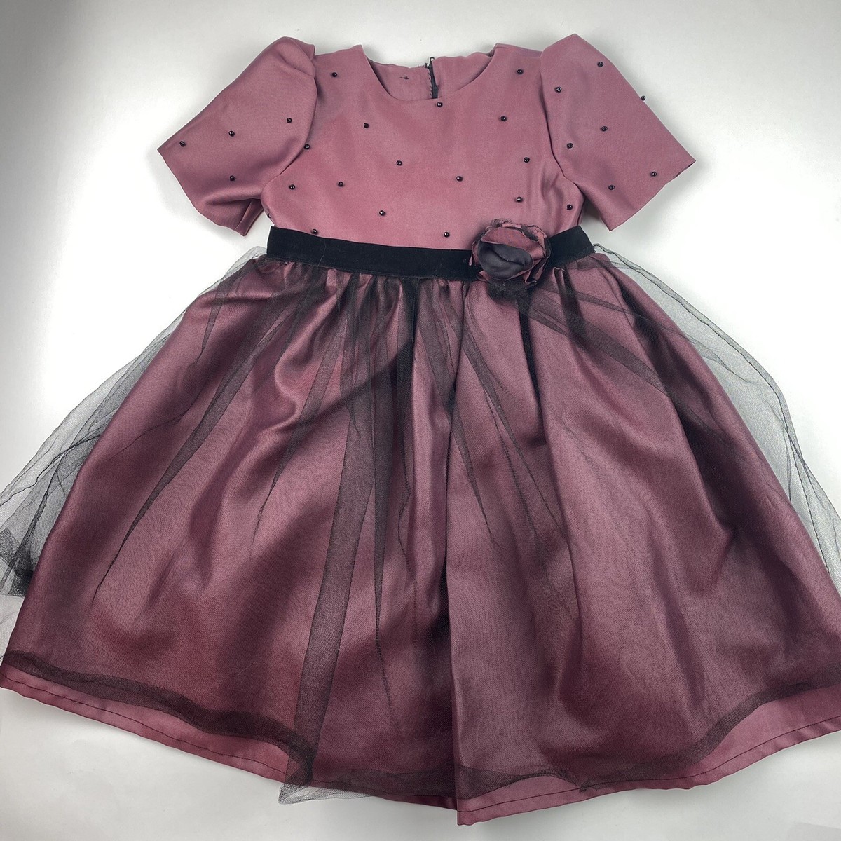 Girls Sz 4t Fancy Dress Burgundy Black Beaded Bodice Tulle Overlay Holiday  OOAK