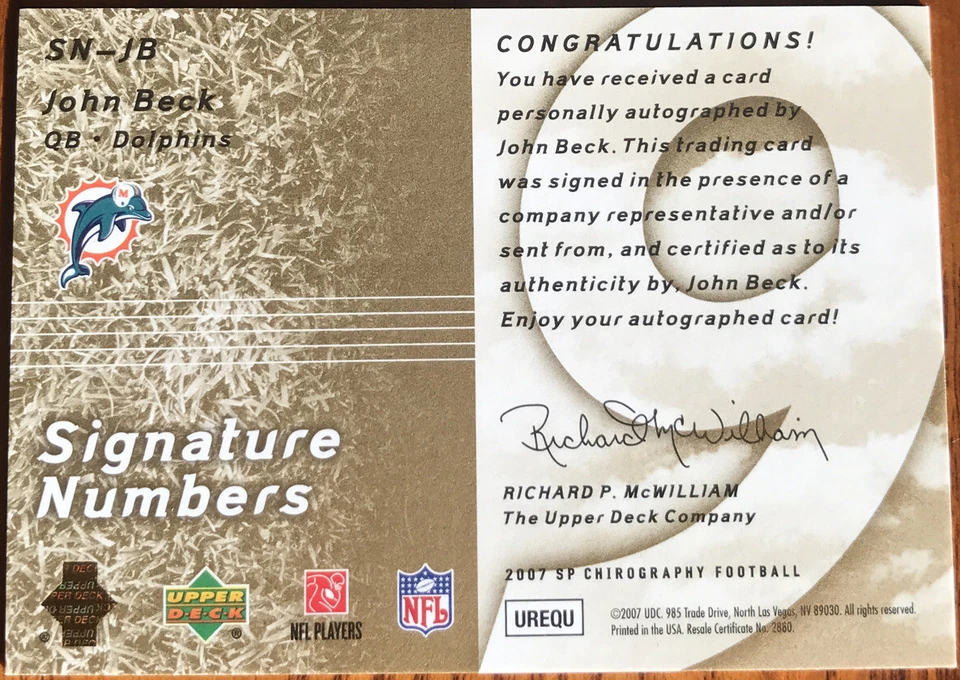 2007 SP Chirography Signature Numbers Gold John Beck SN-JB #’d 19/99 - Image 2 of 2