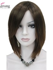 StrongBeauty Short Straight Brown Highlighted Bob Side Swept Bangs Synthetic Wig