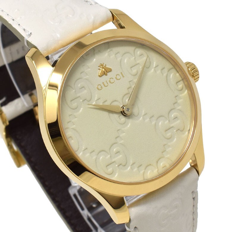 [Almost Unused  w/Box] Gucci G-Timeless YA1264033 White Dial Qz Leather GP JAPAN