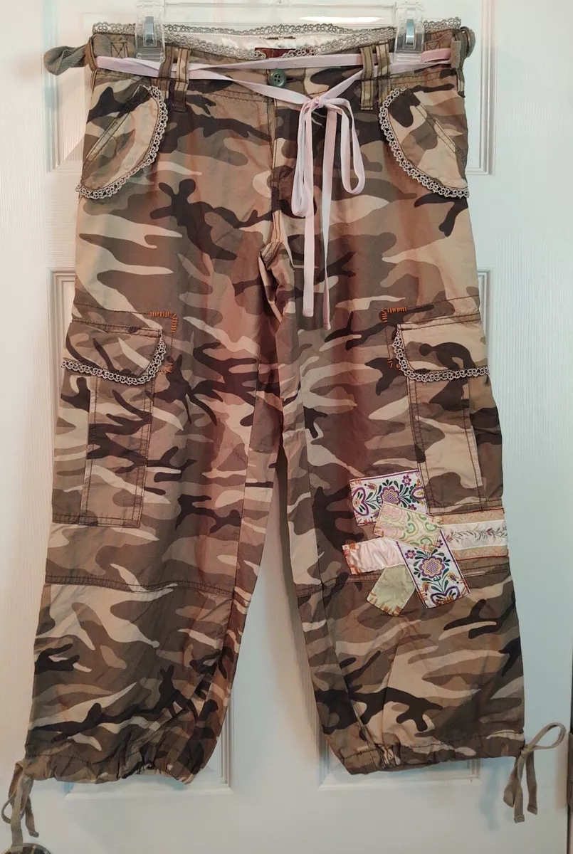 Miss Me Embellished Patchwork Camo Cargo Capris, Sz. S