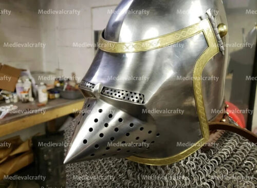 Elmetto teschio cane bacinetto medievale acciaio calibro 14 maglia catena visiera maiale casco - Foto 3 di 4