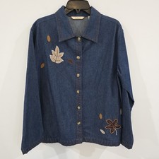 Vintage Womens Embroidered Jean Jacket Size Medium Fall Leaves Autumn Holiday