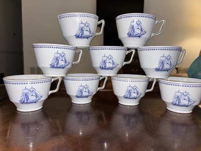 9 Vintage Spode Trade Winds Blue Tea Cups Lowestoft Fine Stone England Brig 1820