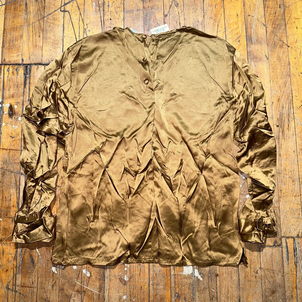 Blusa Top Ellen Tracy Para Mujer Talla 12 Dorado Satinado Seda Manga Larga Cuello Redondo Foto 2 de 4