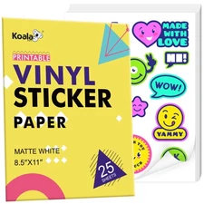 Koala Printable Vinyl Sticker Paper for Inkjet & Laser Printer – 25 Sheets Ma...