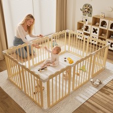 Babyeap Foldable Wooden Baby Playpen,Large Wood Play Yard for Babies and Toddler