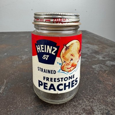 Vtg c.1950s HEINZ 57 Strained Freestone Peaches BABY FOOD JAR w/ Paper Label